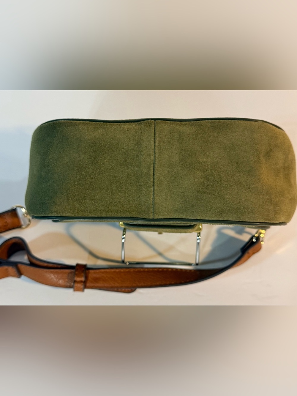 Olive Green Suede Saddle Bag Crossbody Gold Buckle Boho Chic Purse - Picture 6 of 7